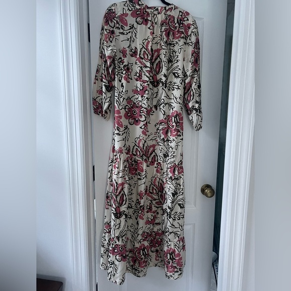 A Piece Apart 3/4 Sleeve 100% Silk Tent Midi Dress V Neck Abstract Floral Sz 6 - Picture 3 of 6